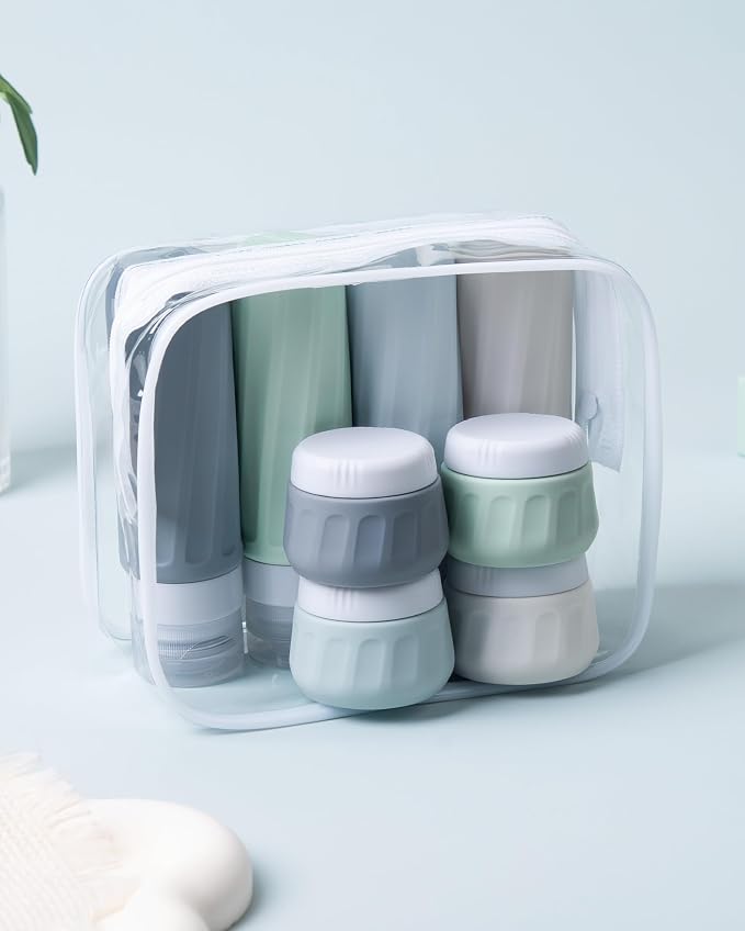 Mrsdry Travel Bottles for Toiletries 8 Pack, Travel Size Toiletries, Tsa Approved Travel Size Containers 3oz, with Travel Essentials Clear Bag, Leak Proof Silicone Squeezable Creams Jars
