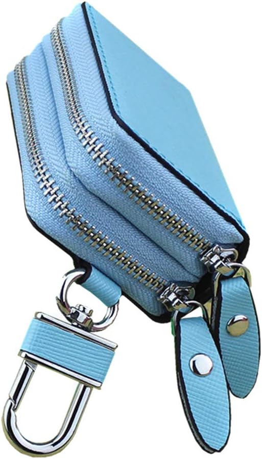 Key Fob Case Genuine Leather, Double Zipper Car Key Holder & Key Wallet with Keychain, Key Pouch for Purse Gift