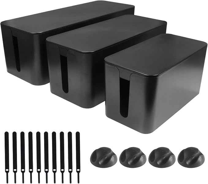 DUNCHATY Cable Management Box 3 Pack - Cord Organizer Box for Desk TV Computer - Large Medium Small Power Strip Cover & Wire Hider - Child & Pet Safe ABS Cord Box with Cable Ties - Black