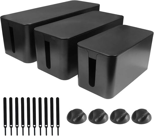 DUNCHATY Cable Management Box 3 Pack - Cord Organizer Box for Desk TV Computer - Large Medium Small Power Strip Cover & Wire Hider - Child & Pet Safe ABS Cord Box with Cable Ties - Black