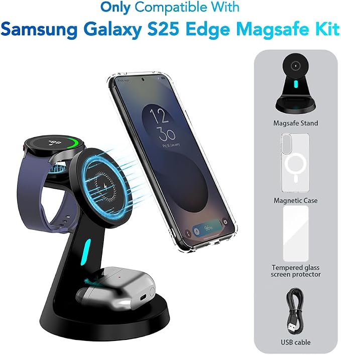 for Samsung Galaxy S25Edge Dedicated Magnetic Charging Kit，3 in 1 Charging Station Compatible with MagSafe Samsung Charger for Watch Charger Stand for Galaxy Watch Ultra 8 7, for Buds