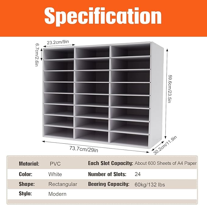 Literature Organizer 24 Slots, Compartments Mail Sorter Organizer, Adjustable Desktop File Organizer with Removable Shelves, Paper Organizer for Home Office School (White, 24 Slots)
