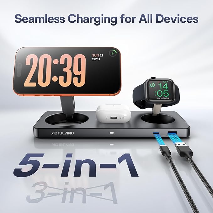 AC ISLAND 5-in-1 Qi2.2 Wireless Charger for MagSafe, 25W Foldable Magnetic Stand, Travel Charging Station for iPhone 17-12 & Air Series, Apple Watch, AirPods, with 65W GaN Adapter (Gray, for Apple)