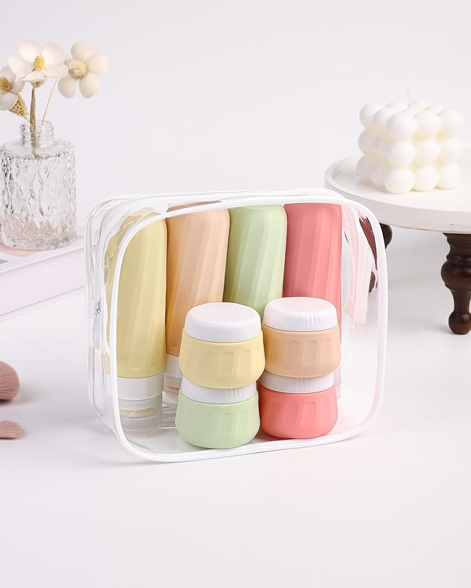 Mrsdry Travel Bottles for Toiletries 8 Pack, Travel Size Toiletries, Tsa Approved Travel Size Containers 3oz, with Travel Essentials Clear Bag, Leak Proof Silicone Squeezable Creams Jars