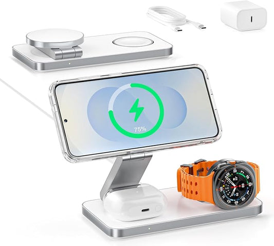 3-in-1 Charging Station for Samsung, Magnetic Fast Wireless Charger Stand Compatible with MagSafe for Galaxy S26/S25/S24/S23/Z Fold/Flip Series, Galaxy Watch Ultra/8/7/6/5, Galaxy Buds Pro/4//3/2