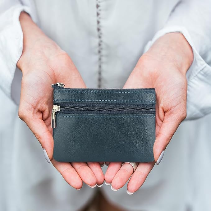 Genuine Leather Coin Purse, Small Coin Pouch for Men Women, Cash Change Wallet Key Holder Money Pouch with Key Ring, Zipper Storage Bag Coin Organizer (Blue)