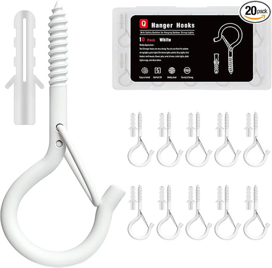 Black Screw Hooks with Safety Lock 2.3" Rustproof Metal Ceiling Hooks for Hanging Plants, Baskets,String Lights & Outdoor Decor, 40LB Capacity (10, White)