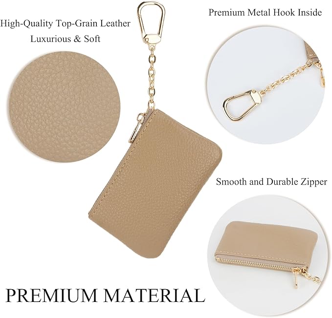 Full Grain Leather Coin Purse with Key Chain - Small Change Purse Keychain Card Holder Pouch Small Wallet for Women and Men (Elephant Gray)