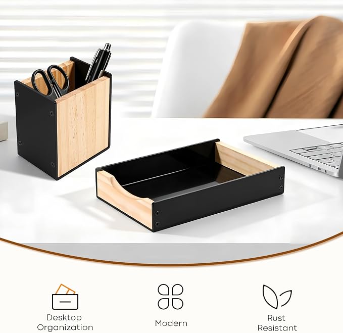 Desk Tray with Pen Holder Set, Acrylic & Wooden Desktop Organizer Multifunctional Home Office Workspace Accessories for Watch, Pens, Keys (Black)