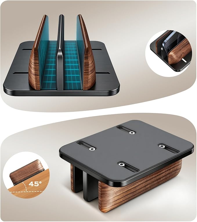 Vertical Laptop Stand, [Dual Slot Wooden + Aluminum Laptop Holder], Desktop Adjustable MacBook Stand, Adjustable Base, for MacBook Pro/Air, (up to 17.3-inch All laptops)