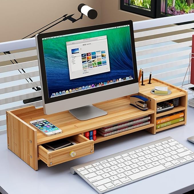 Computer Monitor Height Rack, Desk Shelf with Storage Drawer & Free Phone Stand for Desktop