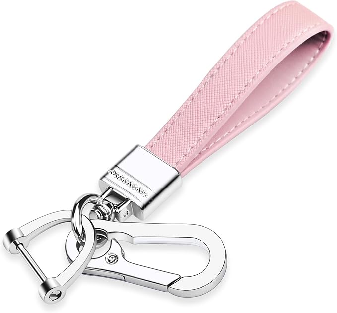 QBUC Genuine Leather Car Keychain,Universal Heavy Duty Metal Key Chain Accessories,Car Fob Key Keychain Holder with 360 Degree Rotatable Snap Swivel and Anti-Lost D-Ring for Men Women(Light Pink)