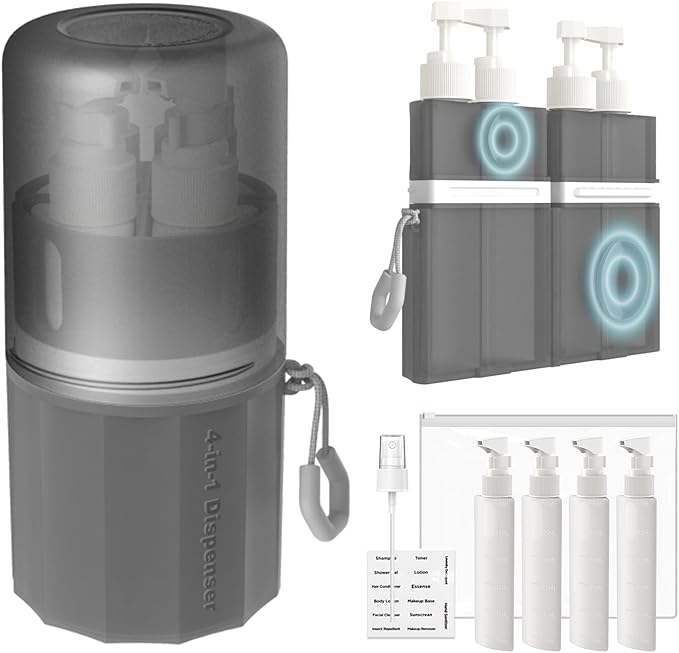 4 in 1 Travel Dispenser Bottle, TSA Approved Refillable Shampoo and Conditioner Bottles Set with Suction Cup for Smooth Walls, Travel Size Toiletries Container for Body Wash/Lotion.(Grey)
