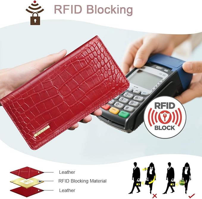 Wallet Women Crocodile Wallets Luxury Alligator Purse Minimalist Thin Long RFID Blocking Credit Cards Holder with Back Zipper Coin Pocket for Women and Men, Burgundy