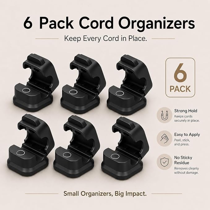 6 Pack Cable Organizer Clips, Adhesive Cord Holder for Desk, Office, Car & Nightstand, Spring Lock Cable Management with Strong Acrylic Adhesive, Black