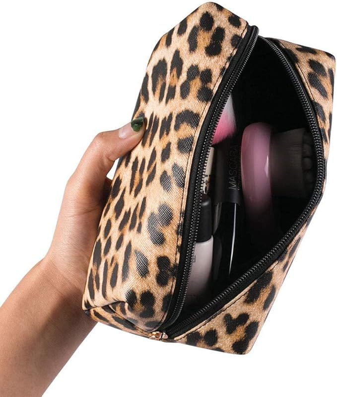 3 Pieces Leopard Print Leather Cosmetic Bags Set,Travel Toiletries Storage Case Portable Cheetah Makeup Organizer Pouch for Women Purse
