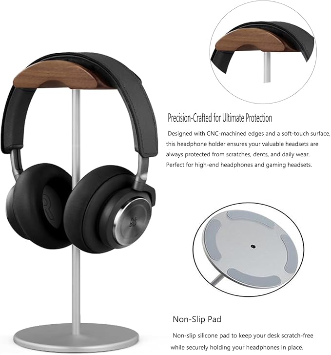 Headphone Stand, Aluminum and Wood Headphone Holder for Over Ear & On Ear Headsets – Heavy Duty Base Gaming Headset Stand with Non-Slip Pad, Desk Organizer for Home Office Studio Use (Silver)