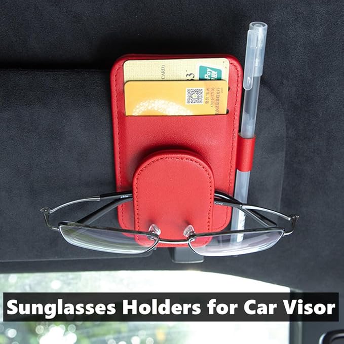 BoAn Sunglass Holder for Car Sun Visor,Magnetic Leather Sunglasses Holder,Auto Visor Accessories,Eyeglasses Holder(Red)