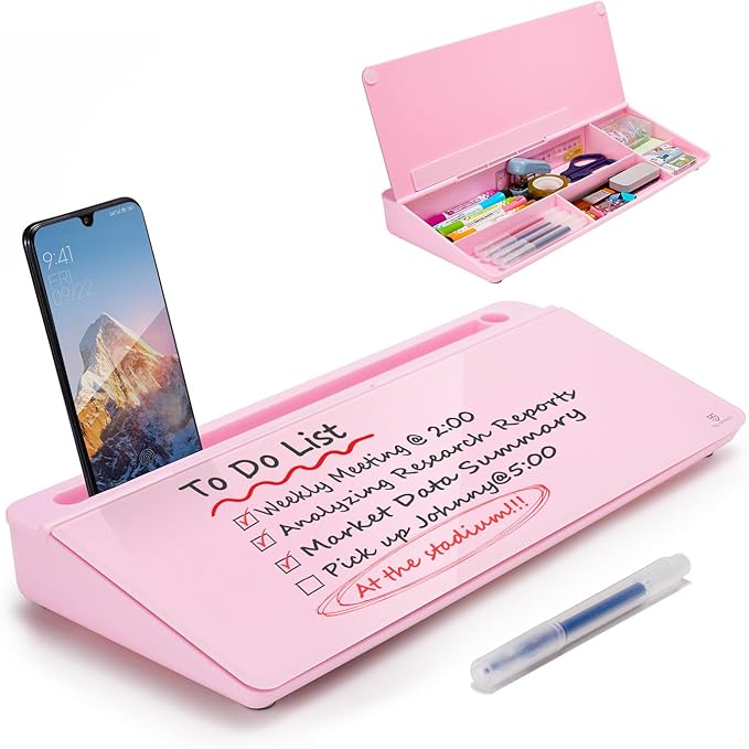 TSJ OFFICE Desktop Whiteboard Dry-Erase-Board - Computer Keyboard Stand White Board Surface Pad with Drawer, Desk Organizers with Accessories for Office, Home, School Supplies - Complete Pink