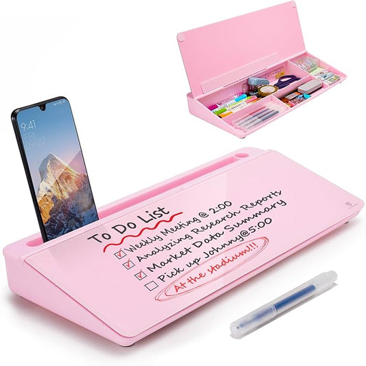 TSJ OFFICE Desktop Whiteboard Dry-Erase-Board - Computer Keyboard Stand White Board Surface Pad with Drawer, Desk Organizers with Accessories for Office, Home, School Supplies - Complete Pink