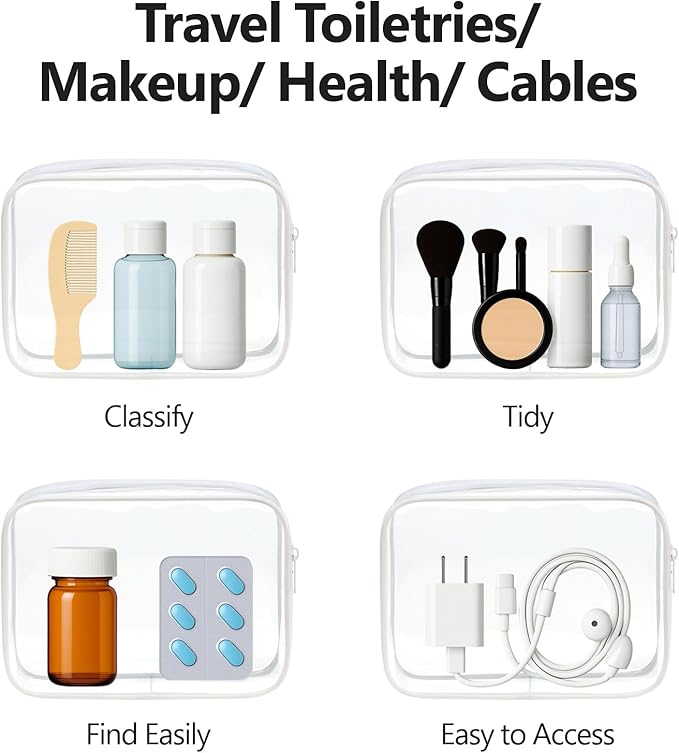 PACKISM TSA Approved Toiletry Bag 2 Pack - 1 Medium TSA Quart Carry-On & 1 Large for Checked Luggage, Water-resistant Clear Makeup Bag Clear Travel Bags for Toiletries, White