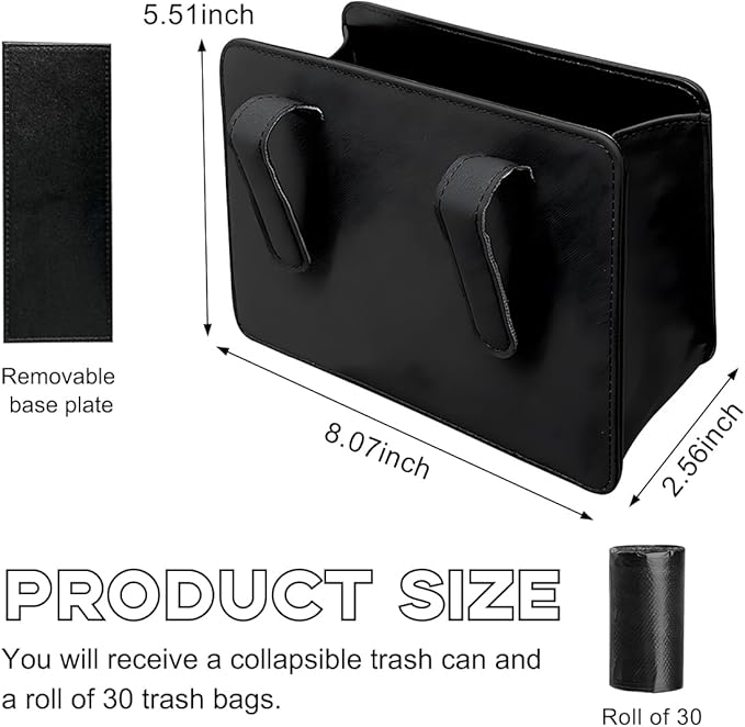Yourkar Car Trash Can, Foldable Waterproof Leather Car Garbage Organizer Holder, Automotive Mini Dustbin Container with One Roll Trash Bag, Universal Interior Car Accessories (Black)