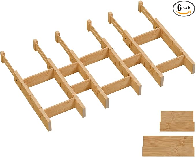 Bamboo Drawer Dividers, Expandable Kitchen Drawer Organizer, Include 6 Dividers, 6 Small Inserts and 6 Medium Inserts for Home, Office, Dressers