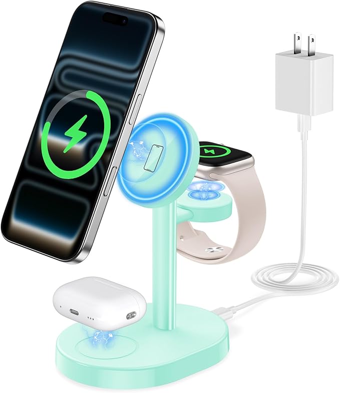 Hevanto 2026 3 in 1 Wireless Charging Station for Apple MagSafe Charger, 15W Fast Mag-Safe Charger Stand for iPhone 17 16 15 14 13 12 Apple Watch AirPods Compatible with MagSafe, Mint