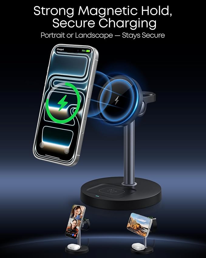 3 in 1 Magnetic Wireless Charging Station, 15W Fast Charger Stand for iPhone, Phone Charger Stand for Desk Nightstand, for iPhone 17/16/15/14/13/12, Apple Watch & AirPods, 18W Adapter Included -Black