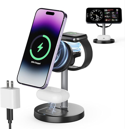 3 in 1 Wireless Charging Station Compatible with MagSafe, 15W Fast Charging Magnetic Mag-Safe Charger Stand for Apple iPhone 17 16 15 14 13 12Series Apple Watch AirPods Pro 4 3 2, Gifts for Men Women