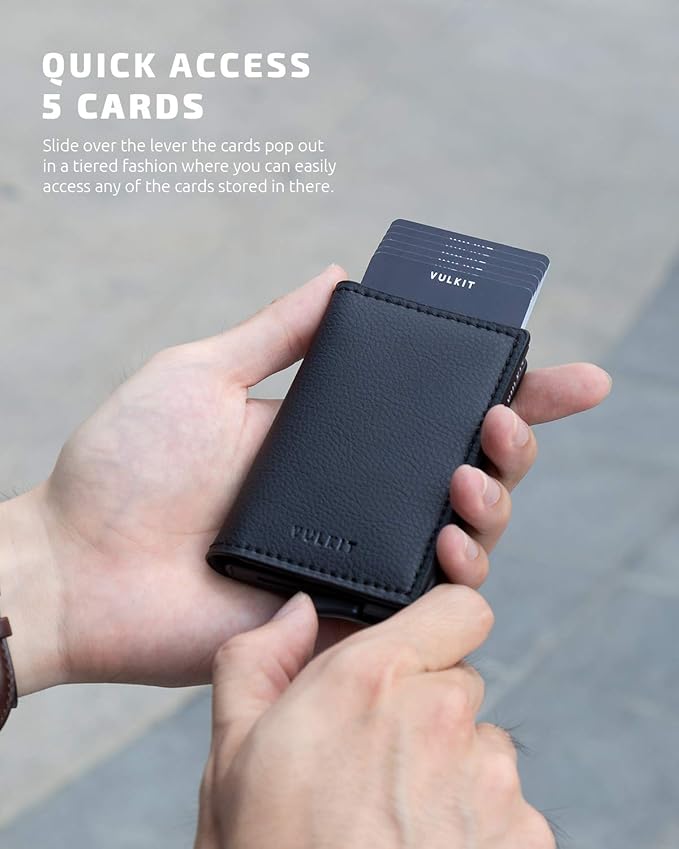 VULKIT Credit Card Holder RFID Blocking Leather Automatic Pop Up Wallet Aluminum Pocket Business Card Case