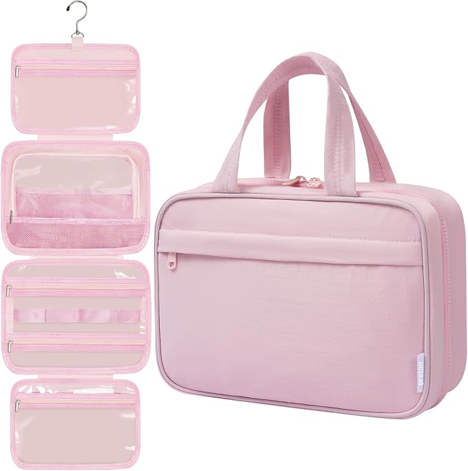 Toiletry Bag for Women, Portable Hanging Organizer, 4 Leakproof Compartments for Full-Sized Conditioners, Brush Sets, Makeup Accessories, Visible and Easy to Access, M, pink