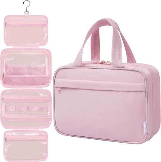 Toiletry Bag for Women, Portable Hanging Organizer, 4 Leakproof Compartments for Full-Sized Conditioners, Brush Sets, Makeup Accessories, Visible and Easy to Access, M, pink