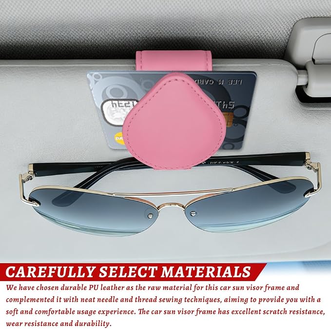 Sunglasses Holders for Car Visor, PU Leather Car Organizer, Magnetic Glasses Holder and Ticket Card Clip, Multi-Functional Auto Sun Visor Eyeglass Holder for Most Vehicles (Pink)