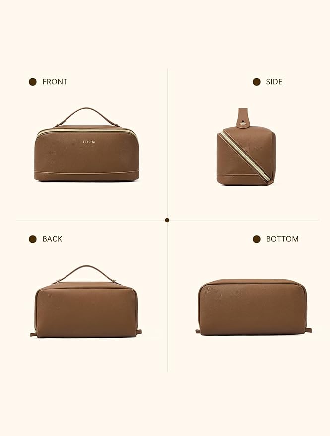 Telena Leather Make Up Bag Portable Travel Makeup Bag Waterproof Cosmetic Bags for Women Large Capacity With Handle and Divider Open Lay Flat