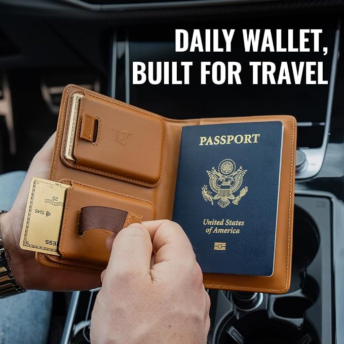 Kings Loot Passport Holder Wallet – RFID Blocking Leather Travel Wallet with Built-in Airtag Holder – Holds 1-6 Cards & Passport – Easy Pull Tab – Slim & Stylish Wallets (Cognac)