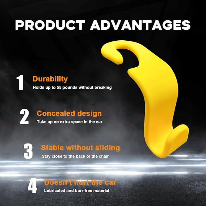 povtii 4PCS Car Seat Headrest Hook, Auto Back Seat Hanging Storage Organizer, Vehicle Seatback Hanger Holder for Purse Handbag Coat Umbrella, Universal Interior Car Accessories (Yellow)