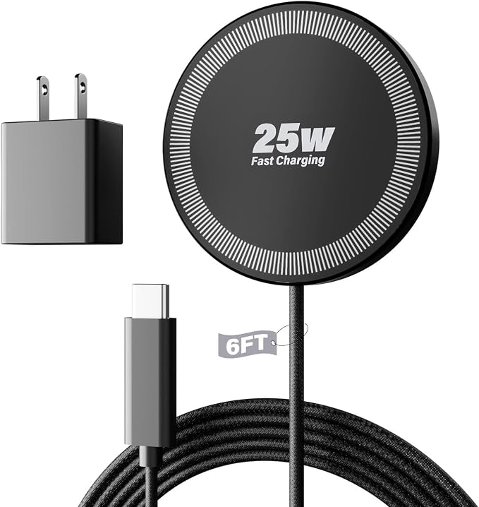 25W Magnetic Wireless Charger, 6FT Fast Charging Pad Wireless Charge for iPhone 17 16 /AirPods3/2/Pro/for Galaxy S26 Ultra/Pixel 10 Series, Portable Charger for Desk& Travel(1Pack,Black)