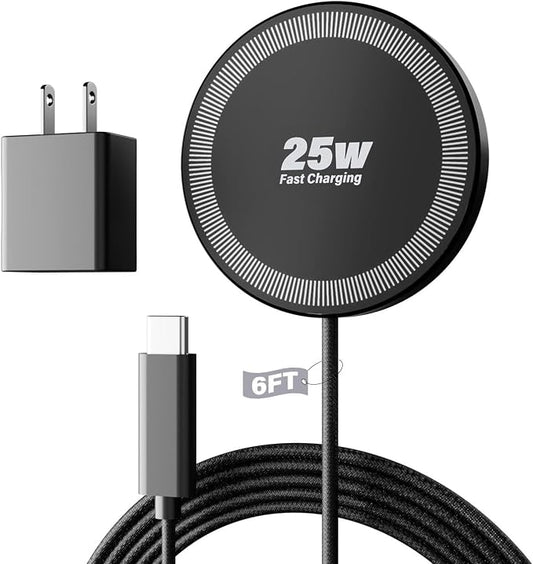 25W Magnetic Wireless Charger, 6FT Fast Charging Pad Wireless Charge for iPhone 17 16 /AirPods3/2/Pro/for Galaxy S26 Ultra/Pixel 10 Series, Portable Charger for Desk& Travel(1Pack,Black)