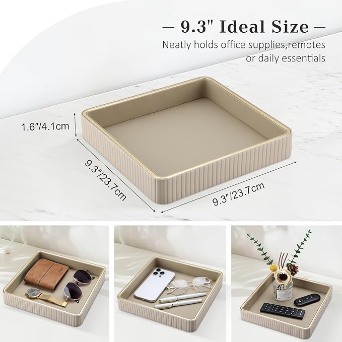 GORESE Square Perfume Tray Nightstand Organizer, PU Leather Purse Bowl Jewelry Trays for Dresser, Trinket Dish Catchall Bowl for Keys, Decorative Vanity Tray, Gift for Women, Beige(9.3'' × 9.3'')
