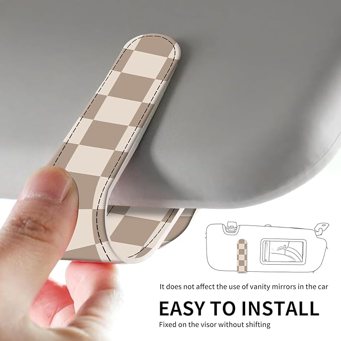 Leather Magnetic Sunglass Holder for Car Sun Visor, Cute Eyeglass Ticket Card Hanger Clip, Universal Auto Interior Accessories for SUV Pickup Truck Light Brown Checker