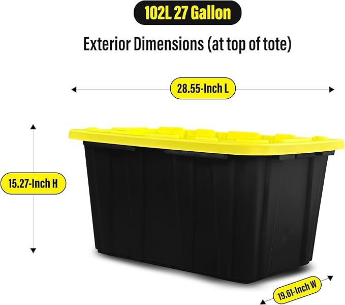 BLACK & YELLOW 27-Gallon Storage Bin with Snap-on Lid, Heavy Duty Plastic Storage Bins with Lid, Stackable, 2 Pack