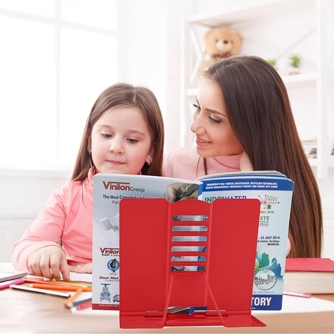Honagu Book Stand Metal Desk Book Holder, Book Holders for Reading Hands Free, Adjustable Cookbook Documents Holder, Portable Bookstand for Music Books, Textbook, Recipe, Tablet, Ipad (Red)