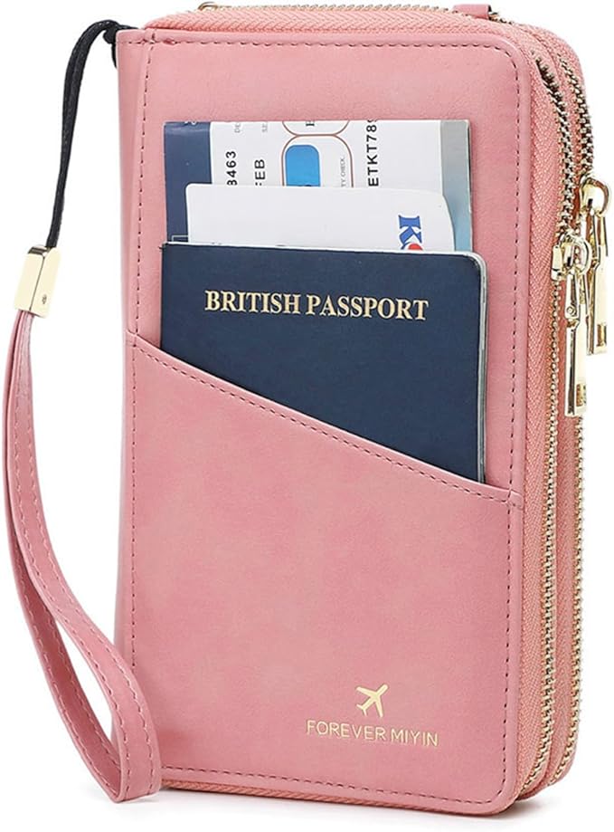 GOIACII Passport Wallet Travel Crossbody Bags for Women Wristlet Phone Purse Double Zip Vegan Leather Pink