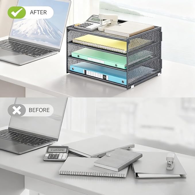 Lavatino 3-Tier Letter Tray Desk Organizer – Grey Mesh Metal Paper File Tray Organizer for Desk, Office Supplies & Home Organization | Fits A4/Letter Paper, Mail, Magazines and Office Accessories