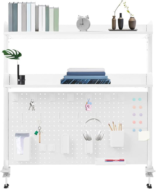 Clamp on Desk Shelf with Pegboard, Desk Extender Pegboard Workstation, Desktop Bookshelf Storage Shelves for Home Office Dorm, 37.4in (White)