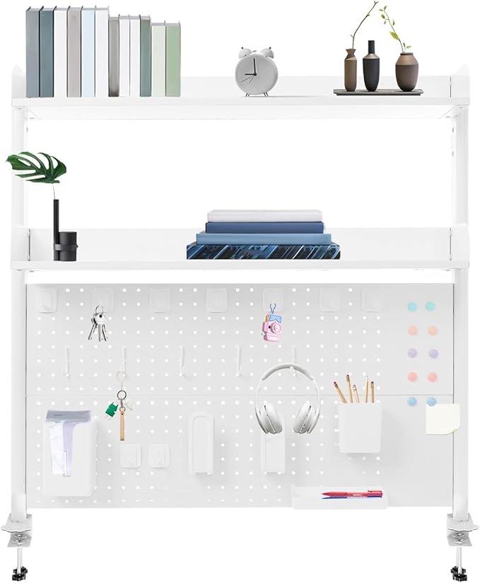 Desk Pegboard, Clamp On Desk Organizer Shelf, Desktop Bookshelf Storage Shelves, Privacy Panel for Home Office Dorm Gaming Desk, Carbon Steel, 39.4" x 37.4", White
