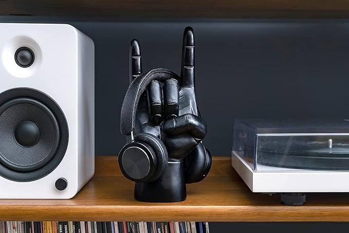 Luckies Headphone Stand - Headphone Holder - Rock On Hand - Headset Stand - Mens Jewellery Holder - Mens Desk Accessories - Controller Holders - Guitar Accessories - Desk Tidy - Dad Rock Gifts - Black