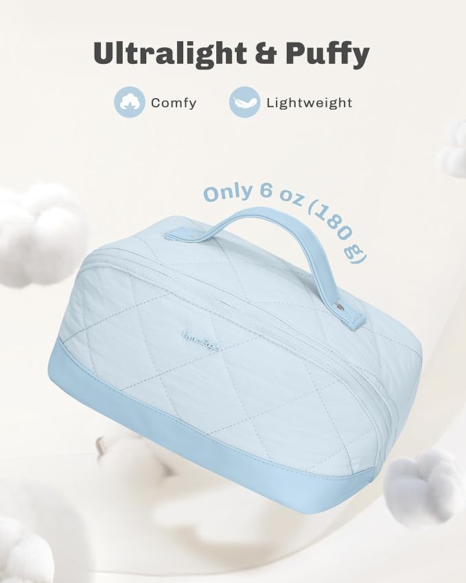 Hynes Eagle Travel Makeup Bag for Women Puffy Cosmetic Organizer Pouch Open Flat Toiletry Bag for Toiletries Brushes Structured Base Light Blue