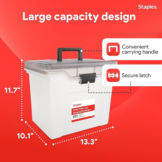 STAPLES File Box - Portable Letter-Size Storage Tote with Lid, Handle, Organizer Tray, Clear Plastic Filing Bin